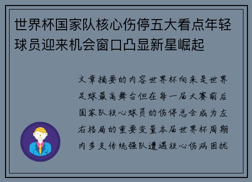 世界杯国家队核心伤停五大看点年轻球员迎来机会窗口凸显新星崛起